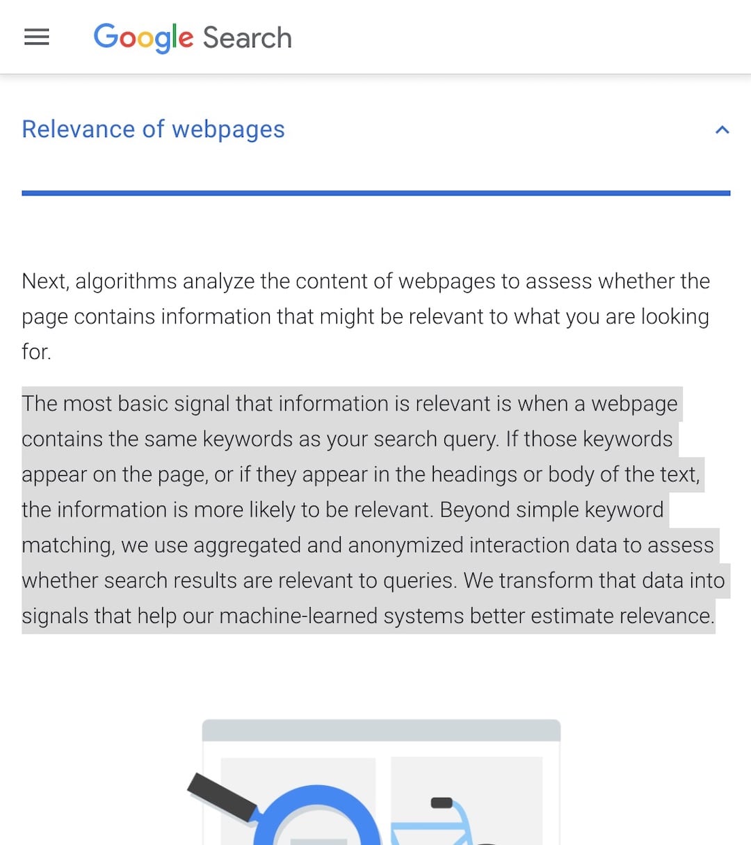 Google Search - relevance of webpages