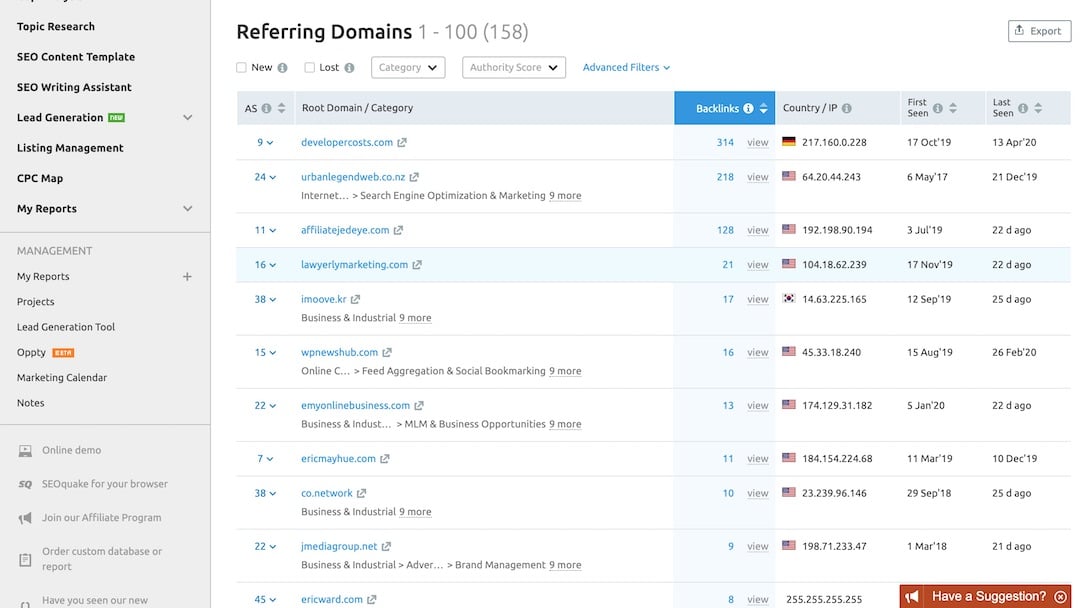 SEMrush - Referring Domains