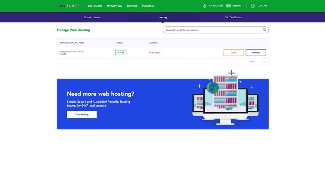 myzuver - dashboard - hosting